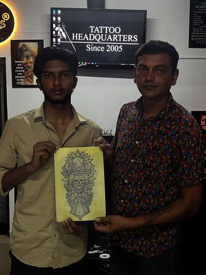 This intricate skull design was drawn by a student from our April batch. Our curriculum focuses on developing the ability to create complex and detailed artwork.