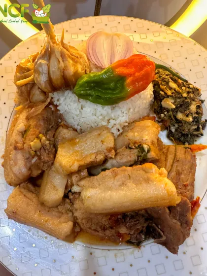 My tender pork belly is slow-cooked to perfection. It’s served with a side of aromatic and spicy kanghuman chutney, a traditional Manipuri condiment made from Meriandra bengalensis leaves.
