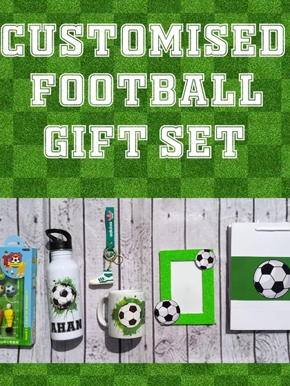 A complete football gift set, including a personalized water bottle and mug, a foosball-themed stationery kit, a keychain, a photo frame, and a custom paper bag.