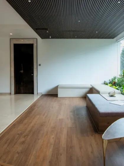 This perspective shows how the lounge area connects to the rest of the open-plan home. The design uses flooring changes and ceiling details to define the space without the need for walls, maintaining a sense of openness.