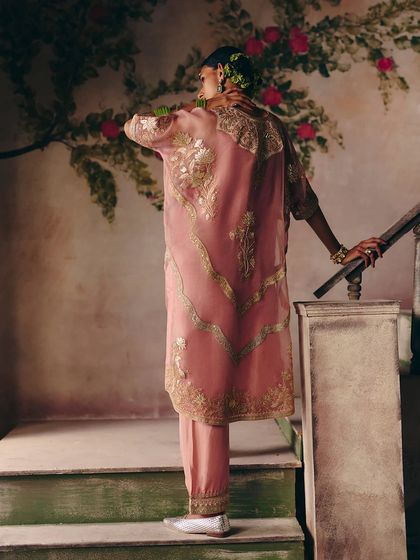 The back view of the blush pink ensemble, showcasing the sheer overlay and intricate detailing that flows down the garment.