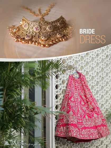 A detail shot of the bride's stunning pink lehenga and her matching bridal necklace.