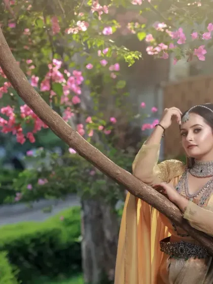 A collection of portraits featuring a model in a golden-hued traditional outfit, shot outdoors. The natural light and garden setting add a soft, ethereal quality to these elegant images.