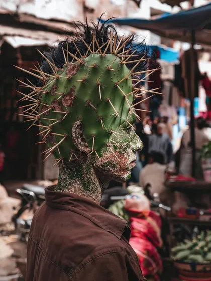 A punk-rock inspired 'Cactogenesis' mutation, with the cactus spines forming a mohawk. This adds a layer of subculture and personality to the body horror concept.