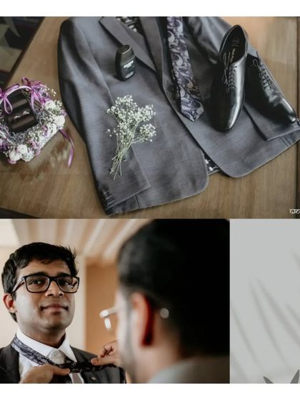 A collage showing the groom getting ready, from the details of his suit and shoes to him adjusting his tie in the mirror.