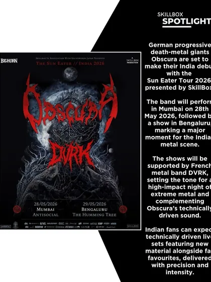 A spotlight graphic announcing Obscura's India debut with the Sun Eater Tour, a major moment for the Indian metal scene.