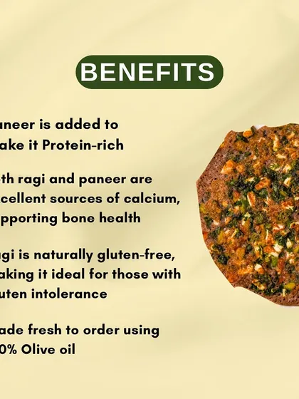 Here are the benefits of my Ragi Paneer Uttapam. Paneer makes it protein rich, ragi is naturally gluten free, and both are excellent sources of calcium for bone health. It's always made fresh to order in olive oil.