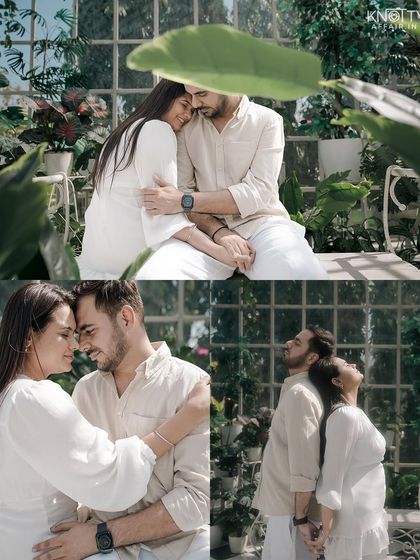 A collection of intimate moments within the greenhouse. The lush foliage creates a private, secret garden feel for their pre-wedding photos.