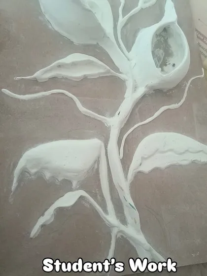 Here’s a look at the creative process. This is a student's work in progress, showing how we build the floral structure using a putty and POP mixture. This is the foundational step to creating that amazing 3D effect.