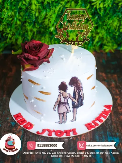 A beautiful cake celebrating sisterhood or friendship. The edible print of two girls holding hands, along with a fresh rose, makes it a heartfelt gift.