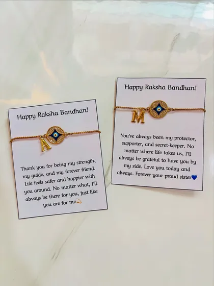 A rakhi that’s also a keepsake. I make these beautiful evil eye rakhis with a custom initial, attached to a card with a heartfelt message for your brother.