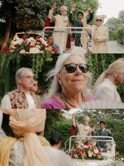 A collage showing the joy of the Baraat, with family members of all ages dancing and celebrating the groom's arrival.