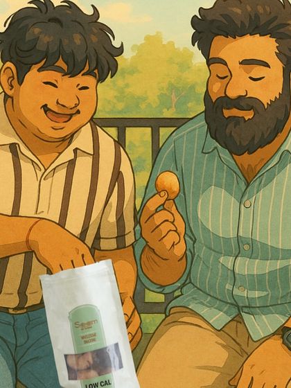 A heartwarming Ghibli-style illustration of two friends sharing a bag of my low-calorie snacks, capturing a moment of simple joy and connection.