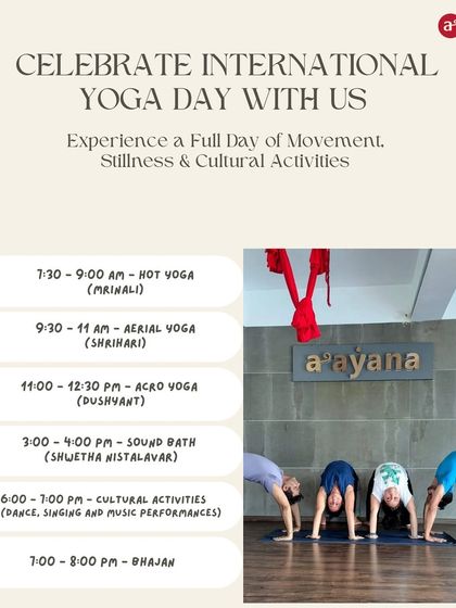 Our schedule for the International Yoga Day celebration. A full day of movement, stillness, and cultural activities, all free for our community.