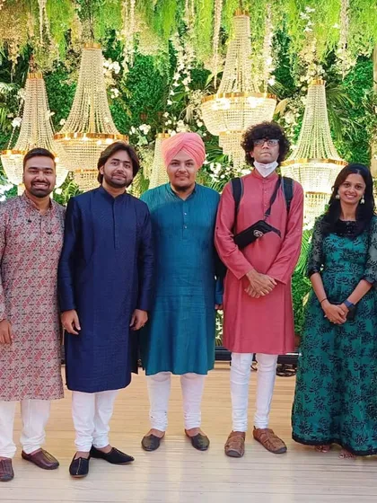 With my fellow musicians in Pune. We often dress in coordinated traditional attire to match the theme of an event.