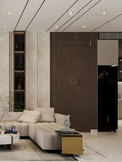 This angle shows the seamless integration of a hidden door within the wood-paneled wall, a detail that speaks to my commitment to clean lines and uncluttered design.