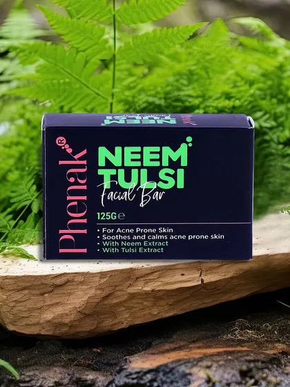 I believe skincare should connect us with nature. My Neem Tulsi Facial Bar, pictured here in its element, is handmade to calm acne-prone skin using the clarifying properties of neem and tulsi. It’s a gentle solution for clear, balanced skin.