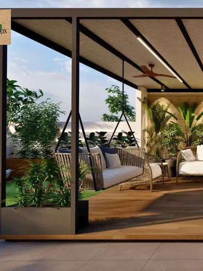 A render of a modern pergola with a comfortable swing seat. We use these designs to show clients how pergolas can add aesthetic charm and create cozy, well-lit nooks in their terrace garden.