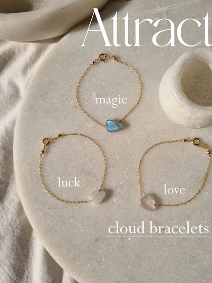 My cloud bracelets are a beautiful way to carry your intentions. Labradorite for magic, Moonstone for luck, and Rose Quartz for love.