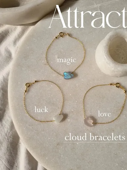My cloud bracelets are perfect for stacking or wearing alone. Here you can see the labradorite for magic, moonstone for luck, and rose quartz for love, each with its own unique energy.