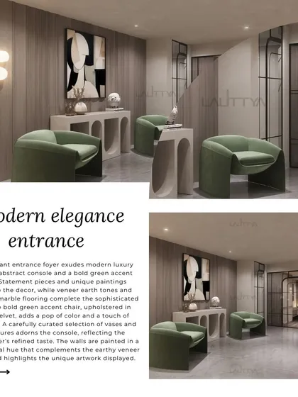 A collage showcasing different interior styles we work with, from modern elegance in an entrance foyer to other themes, demonstrating our versatility.