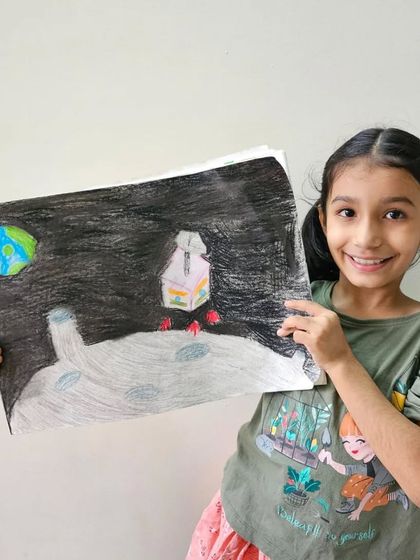 Homi, a 4th standard student, created this oil pastel drawing of Chandrayaan-3 on the moon. This was part of our online class celebrating the historic space mission.