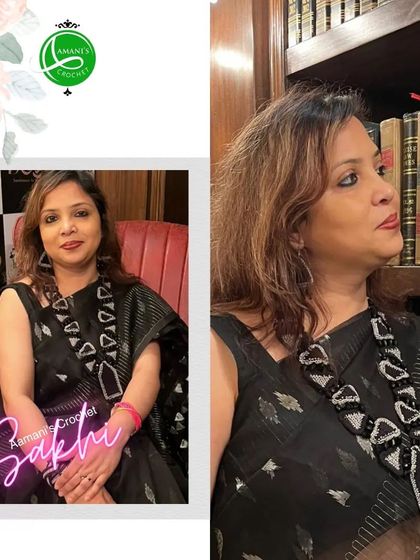 Our custom-made black and silver geometric necklace, perfectly paired with a saree. This image also features one of our patrons who has become a friend and ambassador for our brand.