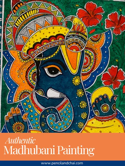 A student's vibrant Madhubani painting of Lord Ganesha. This piece showcases the intricate line work, symbolic motifs, and bold use of color that make this art form from Bihar so captivating. We guide you to create such authentic pieces, full of life and meaning.
