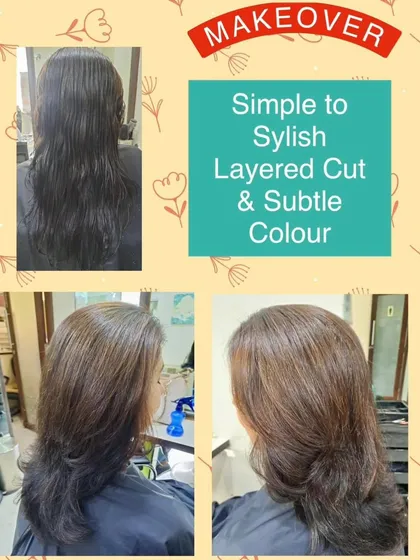 A simple yet stylish makeover featuring a layered cut and subtle color. The new look is fresh, modern, and enhances the client's natural beauty.