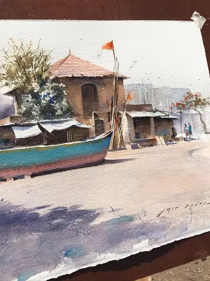 The finished watercolour painting from a demonstration in Porbandar, Gujarat. I focused on capturing the light on the sand and the texture of the boat.