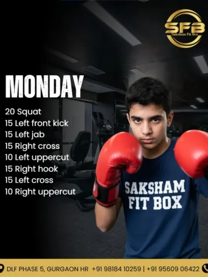 Kickstart your week with our Monday workout plan. It includes squats, kicks, and a variety of jabs, crosses, and uppercuts to set a powerful tone for the week.
