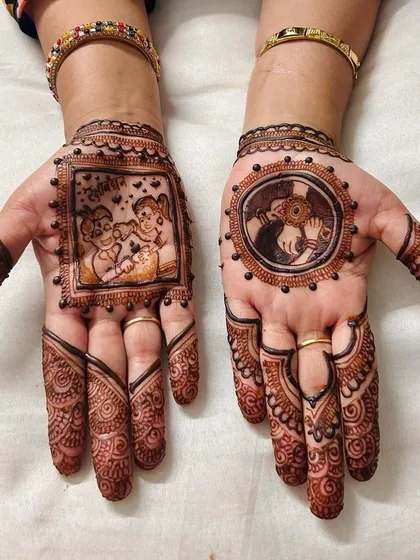 Mehndi that celebrates the special bond between siblings. This custom Rakhi design features a charming cartoon portrait of a brother and sister, making the occasion even more memorable.