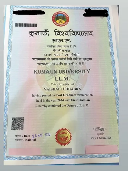 I believe in continuous learning to better serve my clients. Earning my Master of Laws (LL.M.) with a First Division from Kumaun University was a proud moment, deepening my expertise in constitutional and administrative law.