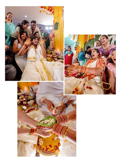 A collage showing the fun and interactive rituals of a South Indian wedding, filled with laughter and family participation.