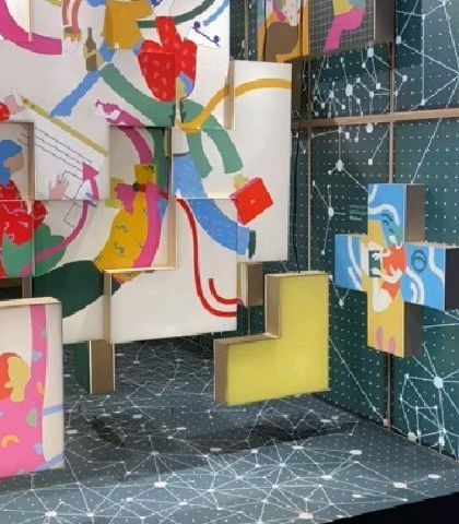 A detail of the illustrated blocks from the 'Solo Commerce' installation. The puzzle-like forms represent the way gig entrepreneurs piece together their careers and lives in a flexible, unconventional way.