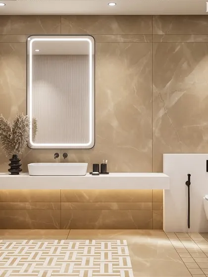 This bathroom design focuses on creating a serene and sophisticated retreat. I used large-format, high-gloss marble-effect tiles to give the space a seamless and expansive feel. The centerpiece is the custom geometric tile rug, which adds visual interest without disrupting the room's tranquil, modern aesthetic.
