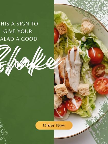 A simple reminder that my fresh and healthy salads are just an order away. This image features a chicken salad with crisp lettuce, cherry tomatoes, and croutons.