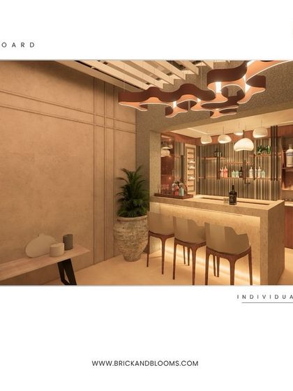 A wider view of the terrace bar and lounge concept. This render shows how we integrate different elements, from the custom bar and seating to the wall paneling and a large potted plant that adds a touch of green to the indoor section.