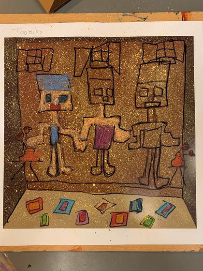 A completed artwork with three figures, demonstrating the child's understanding of Picasso's abstract style.