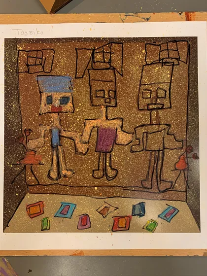 A completed artwork with three figures, demonstrating the child's understanding of Picasso's abstract style.