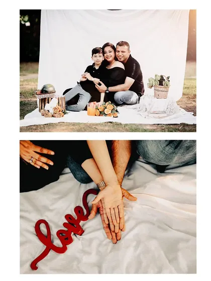A collage highlighting both the full family picnic setup and a close-up detail shot of their hands with a "Love" prop, showing our attention to the little things.