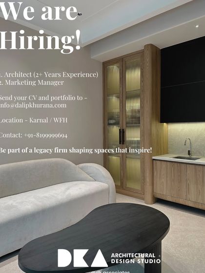 This ad for DK Associates offers an Architect role with 2+ years of experience, with the flexibility of working from their Karnal office or remotely.