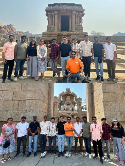 A collage showing our group at the Stone Chariot and the monolithic Ugra Narasimha statue in Hampi.