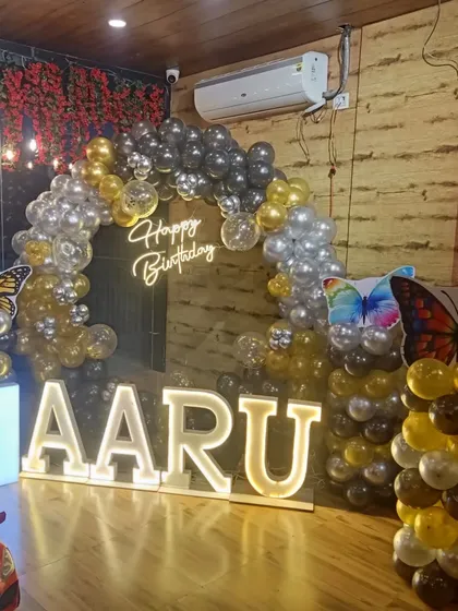 Another shot of Aaru's butterfly-themed party decor. This setup can be done in your home or at a banquet hall to create a stunning party atmosphere.