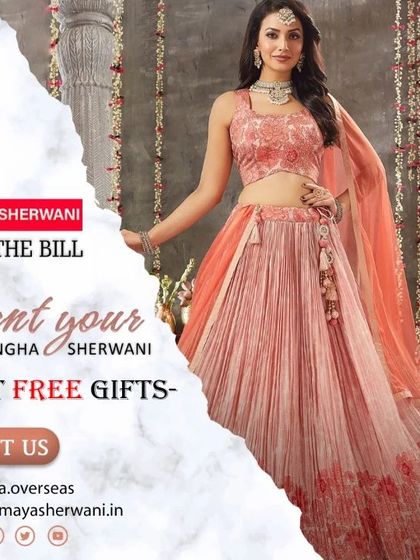 With my 'Nil the Bill' offer, you get free gifts when you rent your lehenga or sherwani. This promotional image showcases a beautiful peach floral lehenga, just one of the many styles you can choose from.