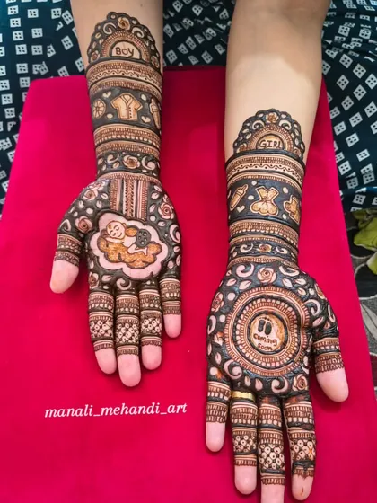 A cute and modern baby shower mehandi with a baby portrait on one hand and tiny footprints on the other. The design uses bold lines and circular patterns for a contemporary feel.