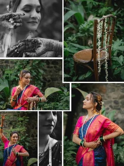 A multi-frame look at a bridal portrait session. It shows our process of capturing various poses, from serene moments to dynamic dance postures, and even detail shots like the gajra on a chair.