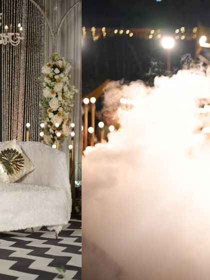 Details that define elegance. The plush couple's sofa on the checkered stage and the bride's mother walking in through a cloud of smoke are the kinds of curated, emotional moments I love to create for a wedding reception.