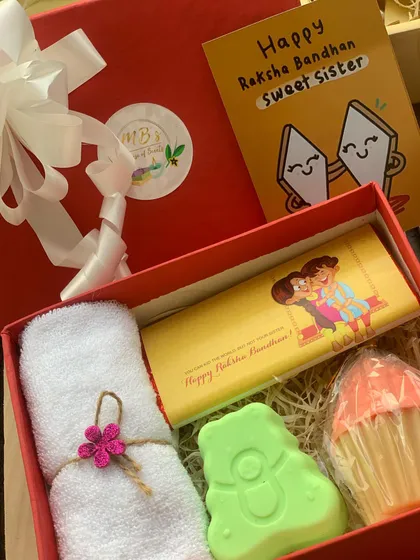 For Raksha Bandhan, I created this special gift box for kids. It features my fun, natural soaps in cute shapes like a teddy bear and a cupcake, paired with a face towel and a chocolate bar.