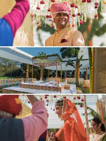 A beautiful outdoor mandap setup at Deobagh, Gwalior. This collage shows the simple elegance of the decor and the couple during the ceremony.